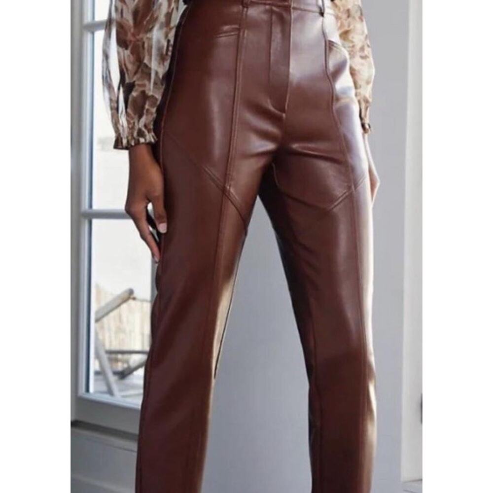 Aritzia Wilfred The Melina Vegan Faux Leather Pants Brown High Rise Size 4 EUC0